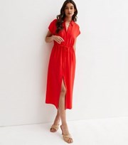New Look Red Short Sleeve Drawstring Midi Shirt Dress